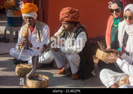 Les charmeurs de serpent jouent et agrègent autour d'un instrument appelé un pungi pour hypnotiser une cobra en Inde Jaipur Banque D'Images