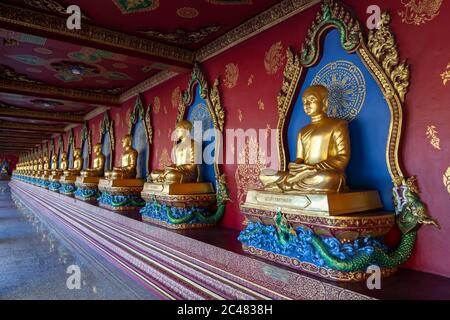 Thaïlande, Phuket, 15 avril 2020 : statues de Bouddha dans une rangée dans le nouveau temple du roi Rama 10. Banque D'Images