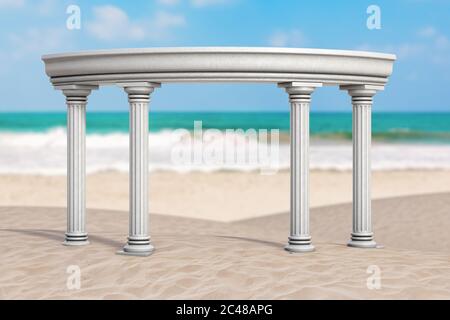 Concept vacances d'été. Antique Classique colonne Arch grec sur une côte déserte de l'océan extrême de gros plan. Rendu 3d Banque D'Images