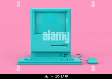 Ordinateur personnel rétro bleu. L'unité système, le moniteur, le clavier et la souris Mock Up Duotone sur un fond rose. Rendu 3d Banque D'Images