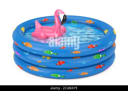 Piscine d'été caoutchouc Inflantable Rose Flamingo Toy en caoutchouc bleu piscine pour enfants Inflatable sur fond blanc. Rendu 3d Banque D'Images