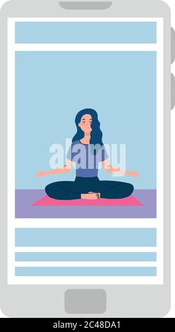 en ligne, concept de yoga, femme pratique le yoga et la méditation, regardant une émission sur un smartphone Illustration de Vecteur