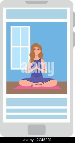 en ligne, concept de yoga, femme pratique le yoga et la méditation, regardant une émission sur un smartphone Illustration de Vecteur