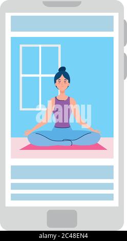 en ligne, concept de yoga, femme pratique le yoga et la méditation, regardant une émission sur un smartphone Illustration de Vecteur