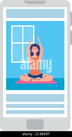 en ligne, concept de yoga, femme pratique le yoga et la méditation, regardant une émission sur un smartphone Illustration de Vecteur