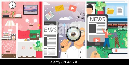 Ensemble de modèles d'affiches vectorielles pour adultes adoptant les nouvelles technologies Illustration de Vecteur