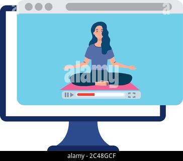 en ligne, concept de yoga, femme pratique le yoga et la méditation, regardant une émission sur un ordinateur Illustration de Vecteur