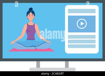 en ligne, concept de yoga, femme pratique le yoga et la méditation, regardant une émission sur un ordinateur Illustration de Vecteur