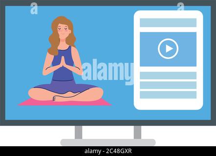 en ligne, concept de yoga, femme pratique le yoga et la méditation, regardant une émission sur un ordinateur Illustration de Vecteur