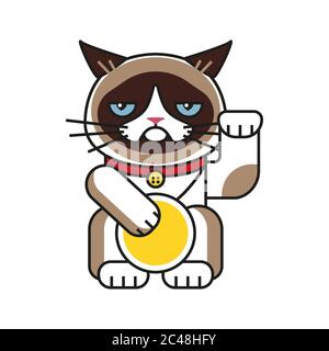 L'icône de chat grincheux apporte la chance isolée sur fond blanc. Maneki Neko dessin animé chat. Illustration de Vecteur