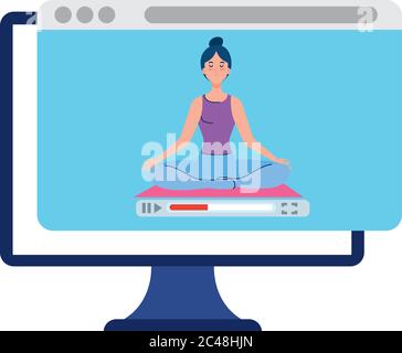en ligne, concept de yoga, femme pratique le yoga et la méditation, regardant une émission sur un ordinateur Illustration de Vecteur