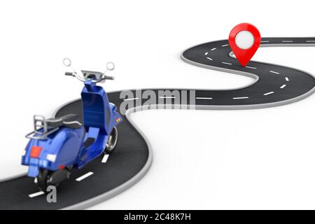 Blue Classic Vintage Retro ou Electric Scooter Suivez Winding Road jusqu'à destination Rouge PIN pointeur cible à la fin de la route sur fond blanc Banque D'Images