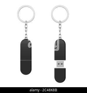 Porte-clés USB en plastique noir porte-clés maquette sur fond blanc. Rendu 3d Banque D'Images