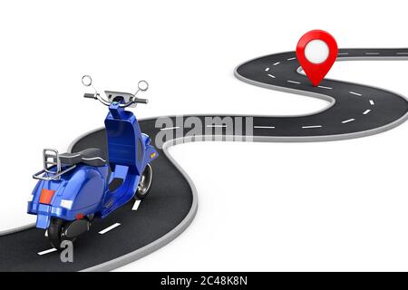 Blue Classic Vintage Retro ou Electric Scooter Suivez Winding Road jusqu'à destination Rouge PIN pointeur cible à la fin de la route sur fond blanc Banque D'Images