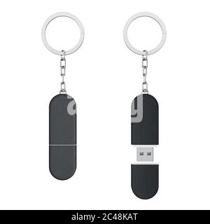 Porte-clés USB en cuir noir maquette de chaîne sur fond blanc. Rendu 3d Banque D'Images