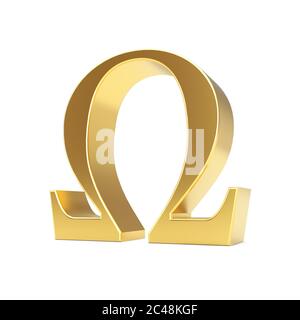 Symbole de lettre Oméga grecque dorée sur fond blanc. Rendu 3d Banque D'Images
