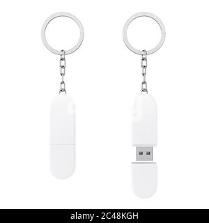 Clé USB blanc maquette de chaîne sur fond blanc. Rendu 3d Banque D'Images