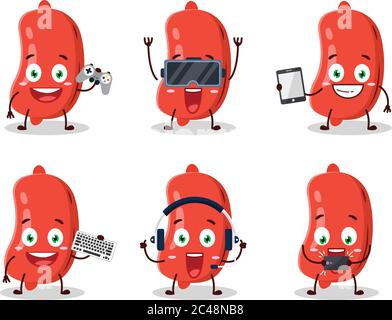 Le personnage de dessin animé de saucisse joue à des jeux avec diverses émoticônes mignons Illustration de Vecteur