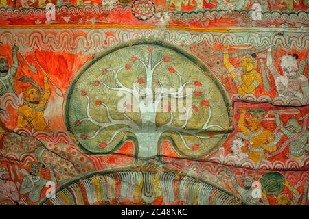 Peintures de démons près de l'arbre de la sagesse à l'intérieur du complexe du Temple Dambulla au Sri Lanka Banque D'Images