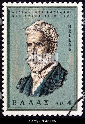 GRÈCE - VERS 1966 : un timbre imprimé en Grèce à partir du numéro de 'Modern Greek Painters' montre Nikolaos Gyzis, vers 1966. Banque D'Images