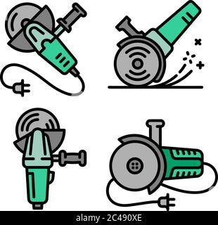 Jeu d'icônes de meuleuse d'angle. Ensemble de contours d'icônes vectorielles de meuleuse d'angle pour la conception de la bande isolée sur fond blanc Illustration de Vecteur