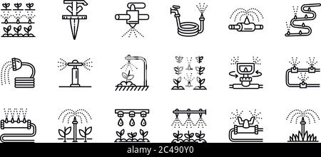 Icônes du système d'irrigation définies. Ensemble de contours d'icônes vectorielles de système d'irrigation pour la conception de la toile isolée sur fond blanc Illustration de Vecteur