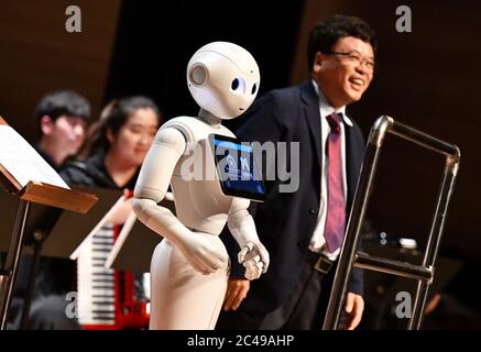 (200625) -- BEIJING, 25 juin 2020 (Xinhua) -- UN robot conduit l'orchestre pour jouer de la musique au Grand Théâtre de Tianjin, dans le nord de la Chine, Tianjin, 16 juin 2019. POUR ALLER AVEC LES TITRES DE XINHUA DU 25 JUIN 2020 (Xinhua/Li Ran) Banque D'Images