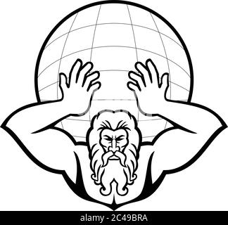 Illustration noire et blanche de la tête de l'Atlas, un Titan dans la mythologie de dieu grec tenant le monde ou le globe le vu de face sur arrière-grou isolé Illustration de Vecteur