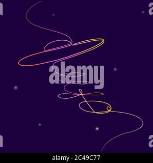 Objet volant non identifié dans le ciel nocturne. Tracé à la main sur une ligne. Illustration du vecteur de stock isolé. Illustration de Vecteur