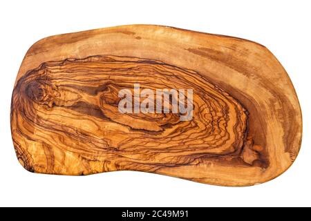 planche à découper en bois naturel - bois d'olive - isolée sur fond blanc Banque D'Images