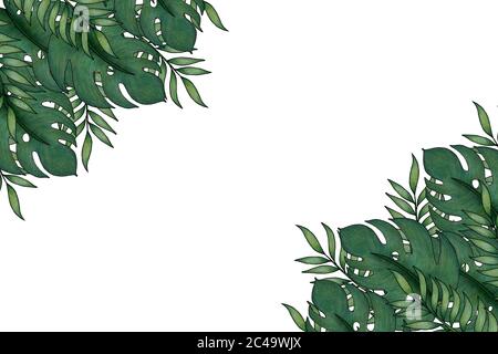 cadre de feuilles vert tropical, fond tropical dessiné à la main avec des feuilles vertes pour invitation ou carte Banque D'Images