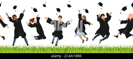 Frontière sans couture avec les étudiants diplômés heureux en vêtements de remise des diplômes sautant sur la pelouse et jetant le mortier en haut dans l'air. Vecteur plat Illustration de Vecteur
