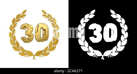 Numéro d'or 30 (numéro trente) avec branche de Laurier avec canal alpha. Illustration 3D Banque D'Images