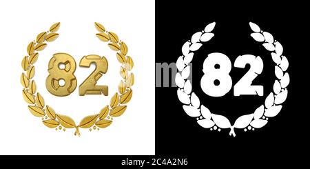 Numéro d'or 82 (numéro quatre-vingt-deux) avec branche de Laurier avec canal alpha. Illustration 3D Banque D'Images