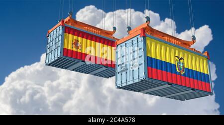 Conteneurs de fret avec pavillon Espagne et Equateur. Rendu 3D Banque D'Images