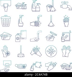 Conception de l'ensemble d'icônes de style de ligne dégradé, service de nettoyage et illustration du vecteur de thème de virus Covid 19 Illustration de Vecteur