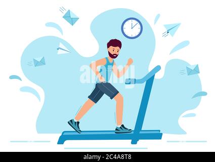 Homme qui court sur un tapis roulant motorisé. Sportive Man fait du jogging sur fond blanc. Le sport est à votre service. Illustration vectorielle de style moderne. Illustration de Vecteur