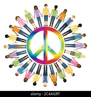 Enfants de couleur différente de la peau autour du symbole de paix illustration vecteur EPS10 Illustration de Vecteur