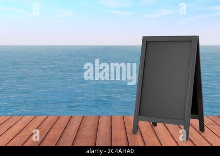 Menu en bois tableaux noirs Affichage extérieur avec espace vide pour votre conception devant la belle vue sur l'océan très proche. Rendu 3d Banque D'Images