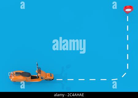 Orange Classic Vintage Retro ou Electric Scooter Suivez jusqu'à la tige du pointeur de carte sur fond bleu. Rendu 3d Banque D'Images