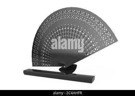 Ventilateur à main en bois sculpté noir avec boîte sur fond blanc. Rendu 3d Banque D'Images