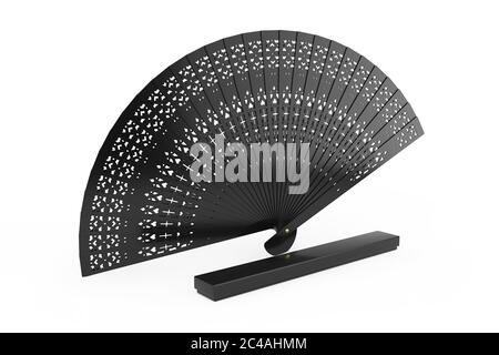 Ventilateur à main en bois sculpté noir avec boîte sur fond blanc. Rendu 3d Banque D'Images