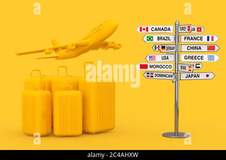 Concept de voyage aérien. Grandes valises en polycarbonate jaune avec avion jaune Jet Passenger près de Signpost avec divers pays et drapeaux sur Banque D'Images