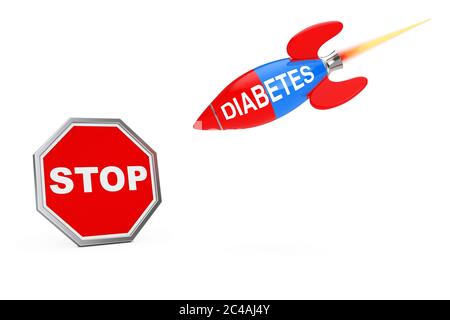 Arrêter le diabète concept. Stop Sign Shield avec Diabetes Sign Rocket sur fond blanc. Rendu 3d Banque D'Images