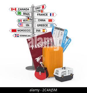 Concept de voyage. Panneau indiquant les noms de pays et drapeaux à proximité du passeport, billets d'embarquement pour compagnies aériennes et bagages prêts à voler sur fond blanc Banque D'Images