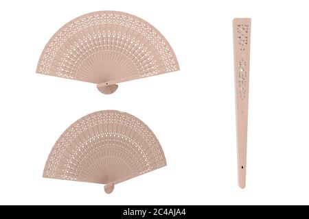 Ventilateur à main en bois sculpté sur fond blanc. Rendu 3d Banque D'Images