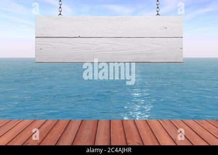 Panneau en bois vintage avec espace vide pour votre conception devant la belle vue sur l'océan très gros plan. Rendu 3d Banque D'Images