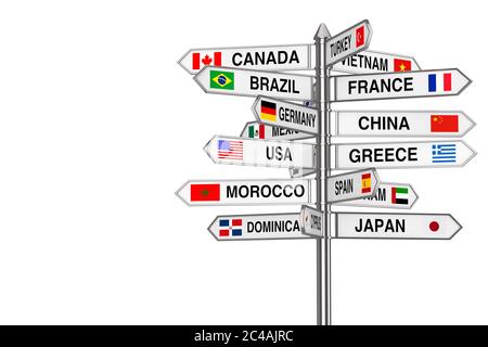 Concept de voyage. Signpost avec différents noms de pays et drapeaux sur fond blanc rendu 3d Banque D'Images