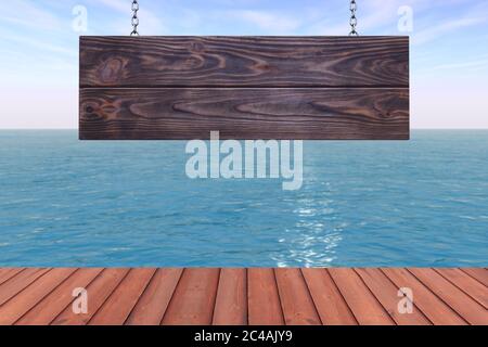 Panneau en bois vintage avec espace vide pour votre conception devant la belle vue sur l'océan très gros plan. Rendu 3d Banque D'Images
