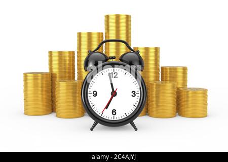 Réveil noir devant les Golden coins sur fond blanc. Rendu 3d Banque D'Images